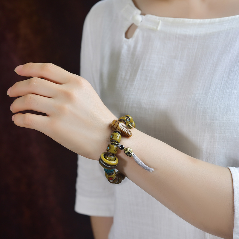 Tibetan Yak Bone Carved Barrel Bead Bracelet