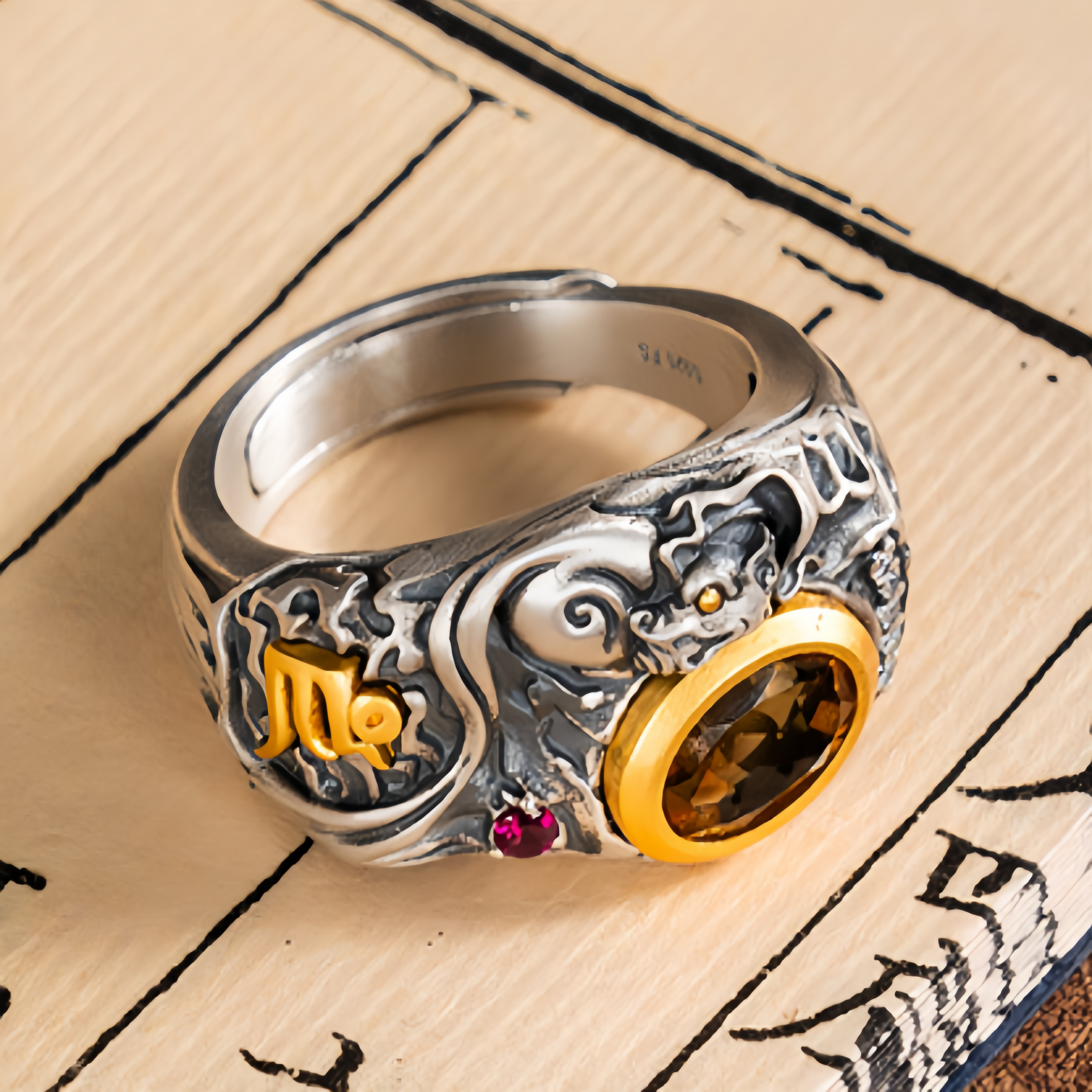 Tibetan Style Pure Silver Lucky Rat Colorful Gemstone Ring