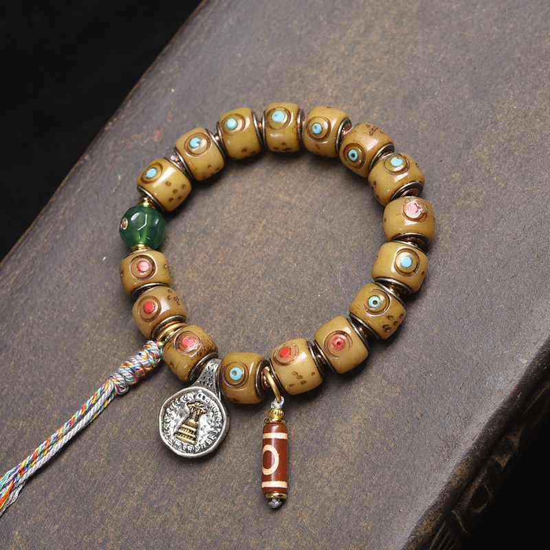 Tibetan Yak Bone Carved Barrel Bead Bracelet