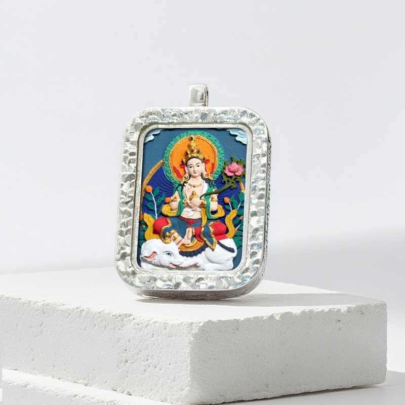 Hand-painted Rubbing Thangka White Copper Pendant