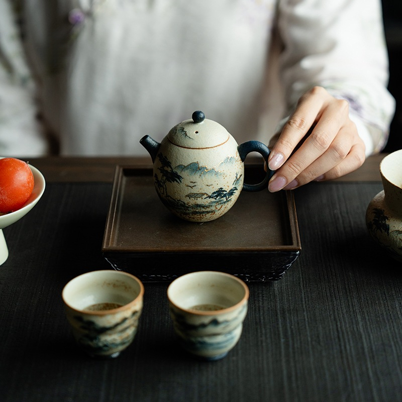 Blue and White Mountain Water Fire Stone Red Underglaze Color Teapot