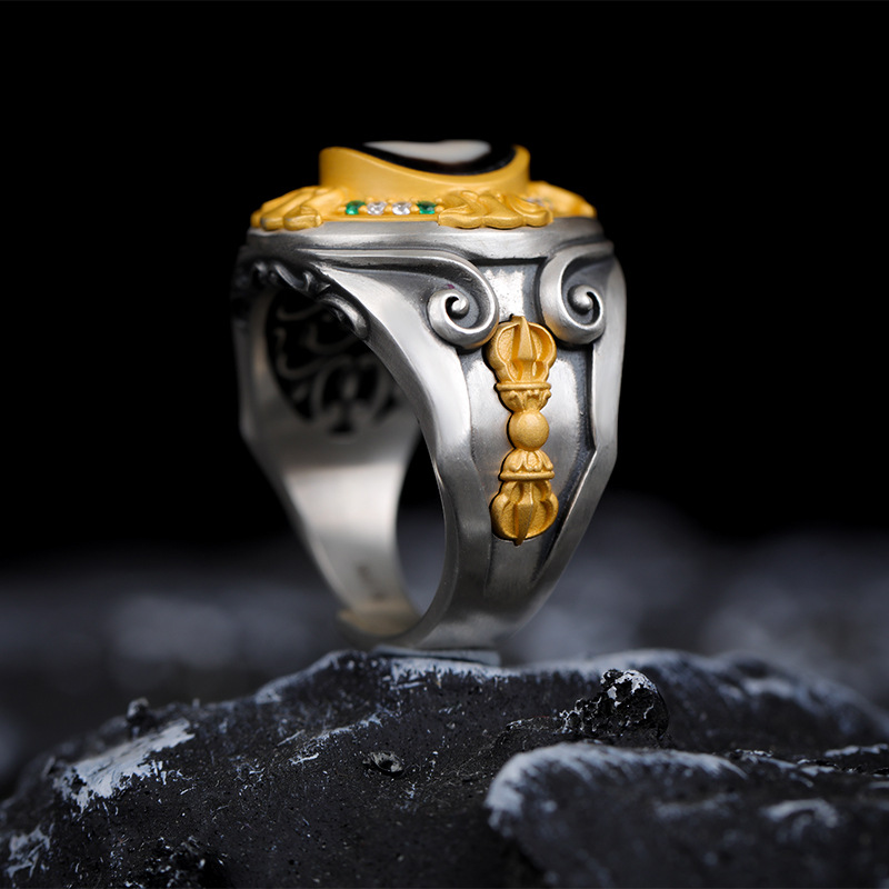Tibetan Style Pure Silver Dzi Bead Vajra Ring
