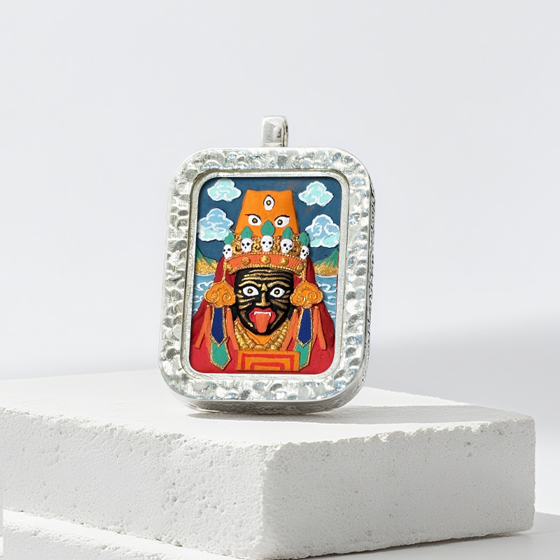 Hand-painted Rubbing Thangka White Copper Pendant