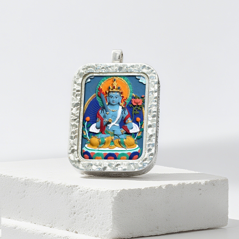 Hand-painted Rubbing Thangka White Copper Pendant