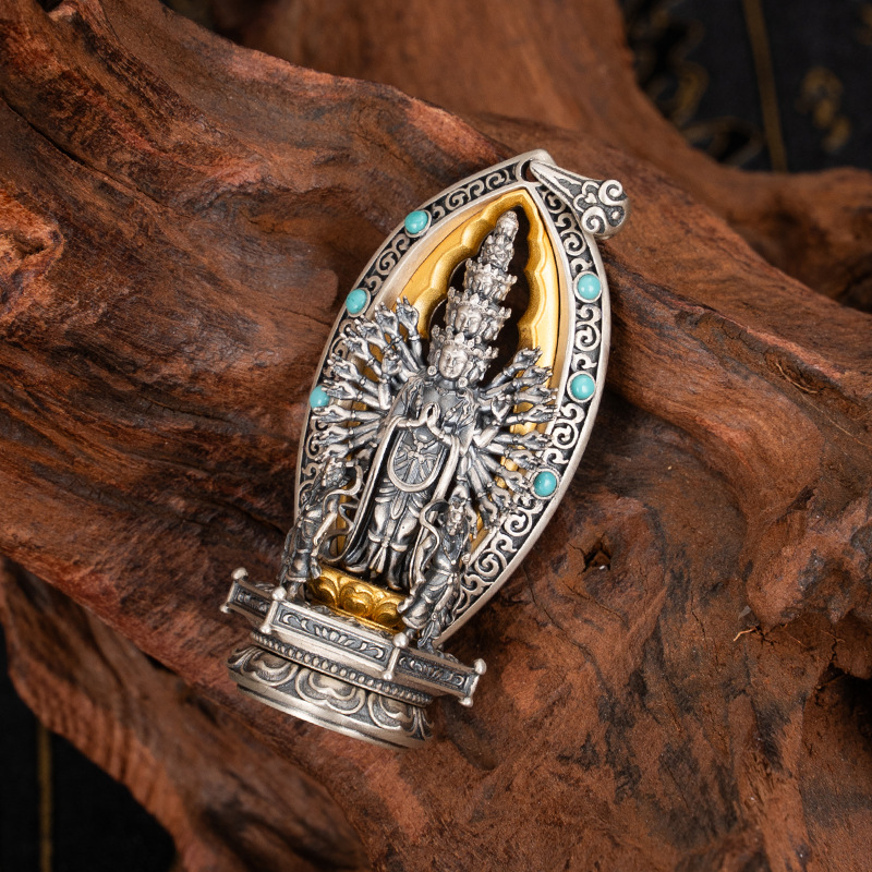 Tibetan Style Pure Silver Gold-Plated Thousand-Hand Guanyin Pendant