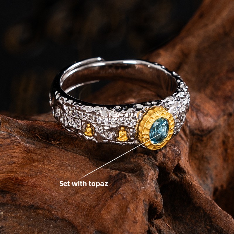 Tibetan Style Pure Silver Colorful Gem Buddha Cave Ring