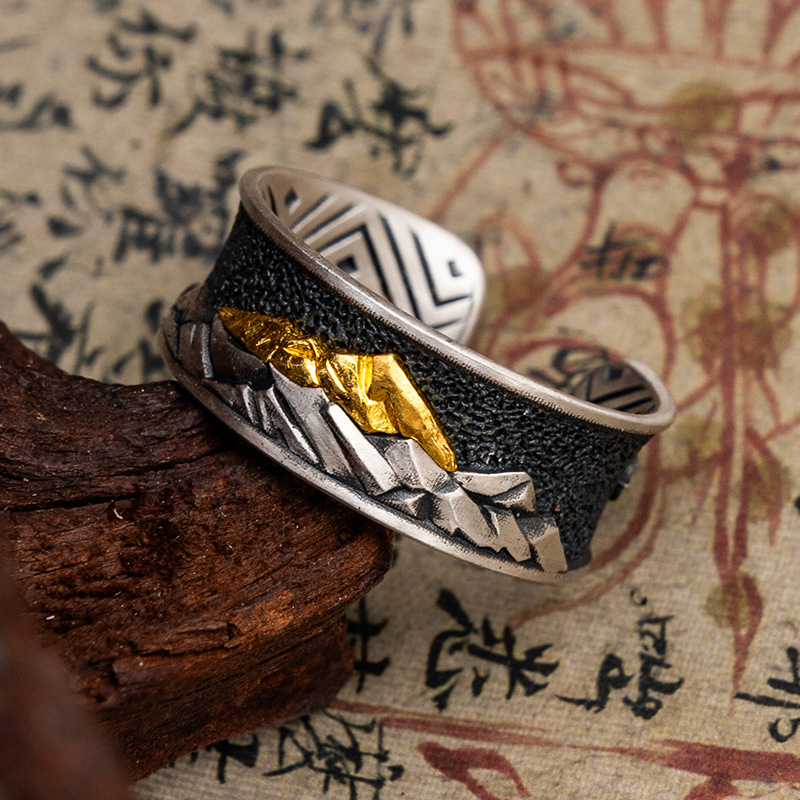 Tibetan Style Pure Silver Gold-Filled Everest Ring