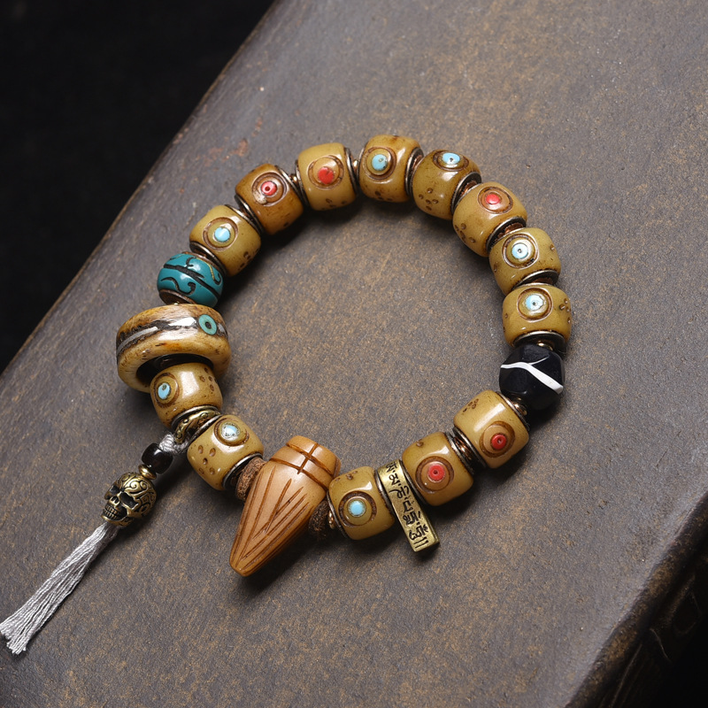 Tibetan Yak Bone Carved Barrel Bead Bracelet