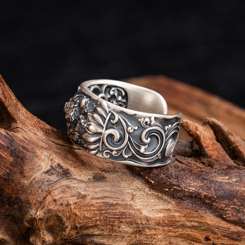 Tibetan Style Pure Silver Yellow God of Wealth Ring