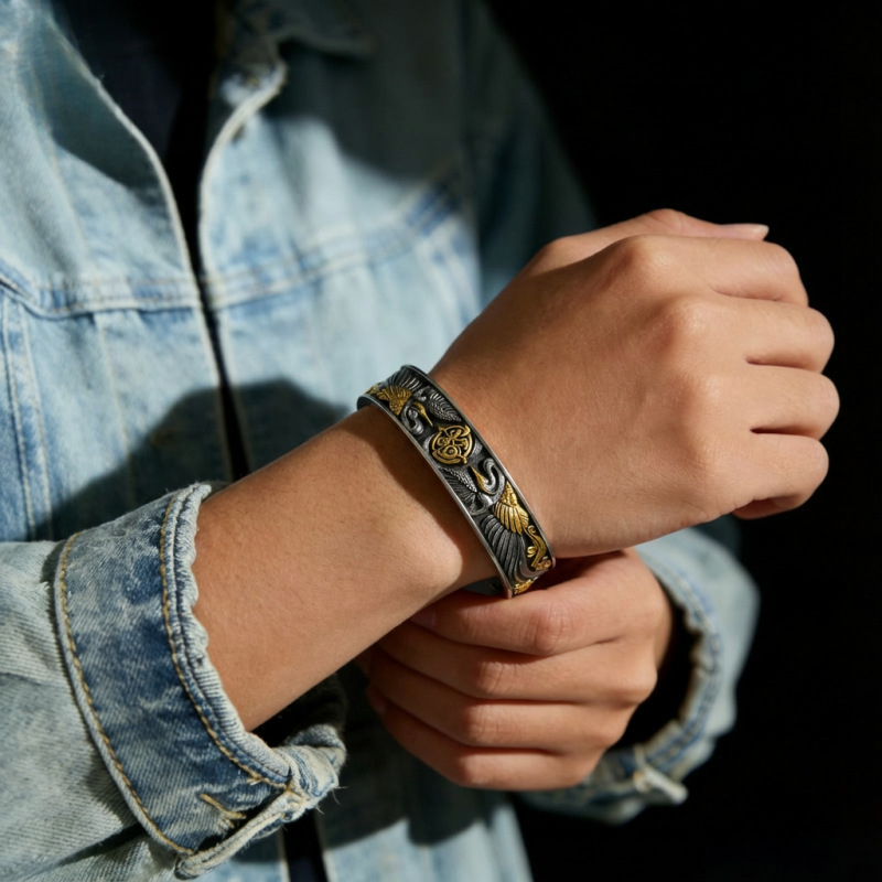 Thick Silver New Chinese Style Crane Bracelet