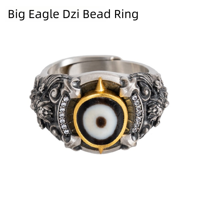 Tibetan Style Pure Silver Dzi Bead Great Bird Ring