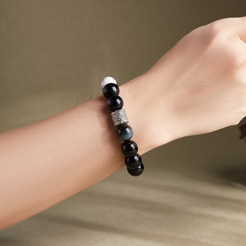 Pure Silver 999 Six-Word Motto Obsidian Bracelet