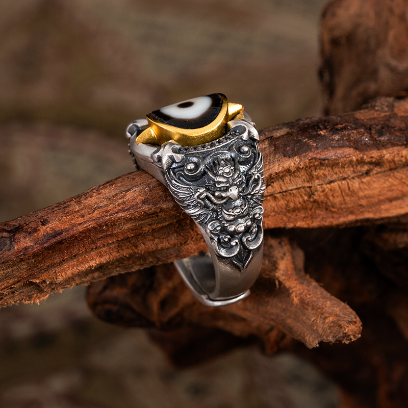 Tibetan Style Pure Silver Dzi Bead Great Bird Ring