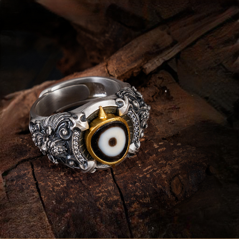 Tibetan Style Pure Silver Dzi Bead Great Bird Ring