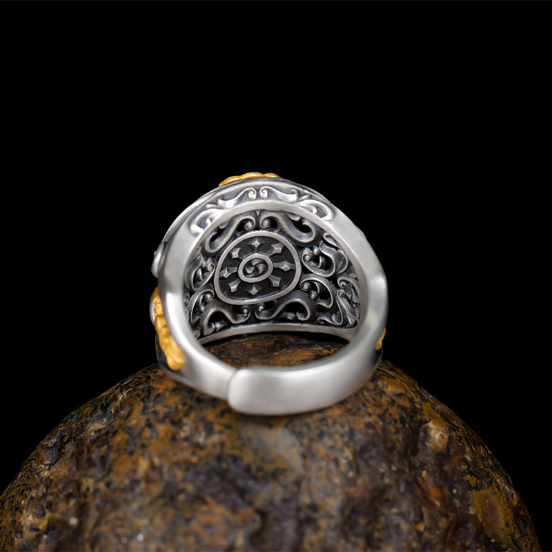 Tibetan Style Pure Silver Dzi Bead Vajra Ring