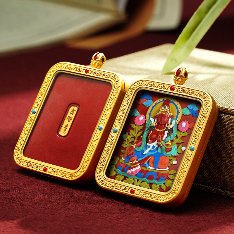 Collection of Cinnabar Tibetan Style Hand-painted Rubbing Thangka Pendant
