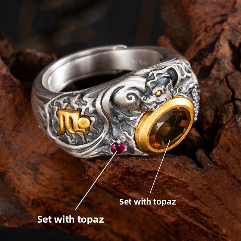 Tibetan Style Pure Silver Lucky Rat Colorful Gemstone Ring