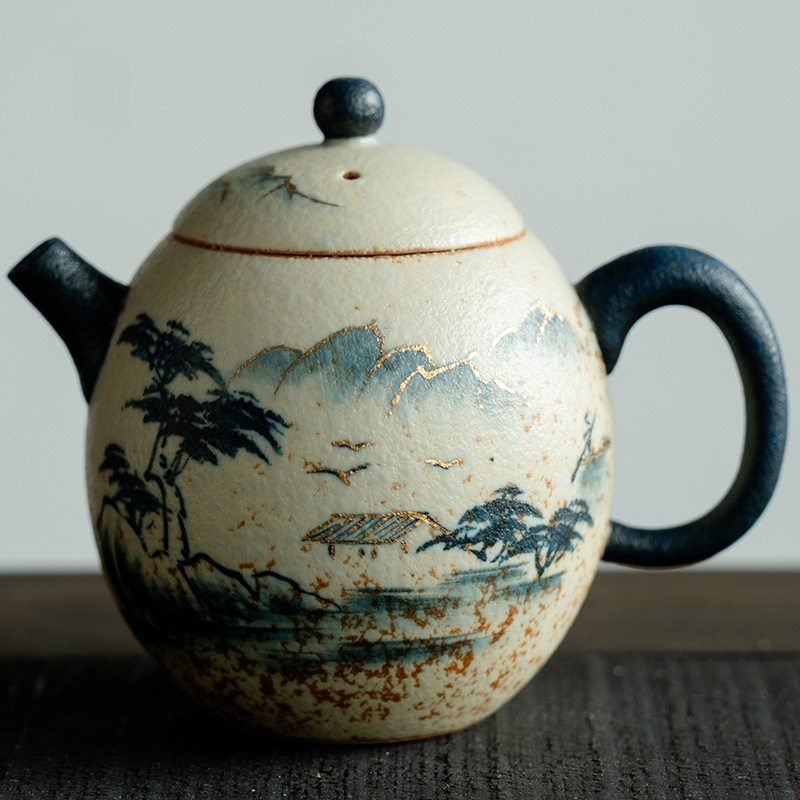 Blue and White Mountain Water Fire Stone Red Underglaze Color Teapot