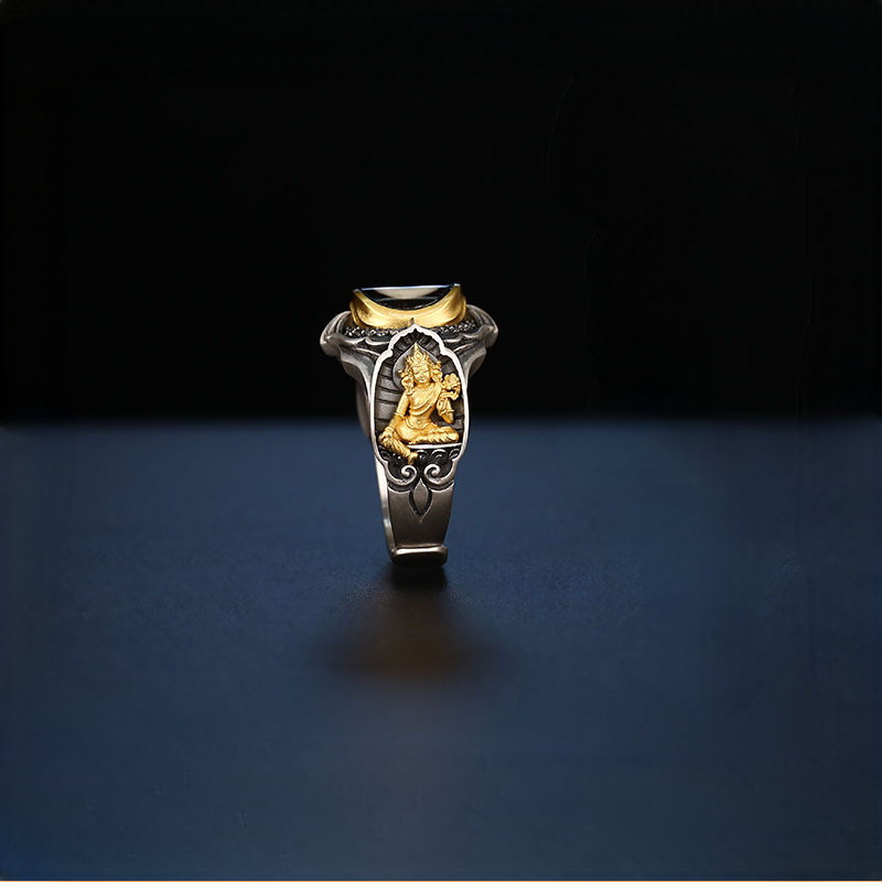 Tibetan Style Pure Silver Dzi Bead Green Tara Ring