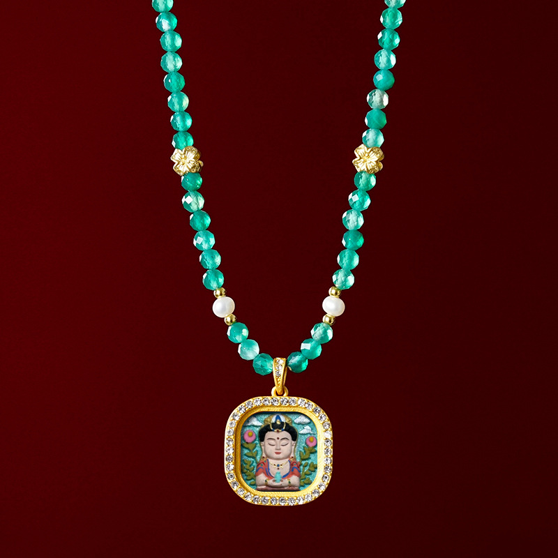 Hand-painted Brass Gemstone Gawu Box Thangka Necklace