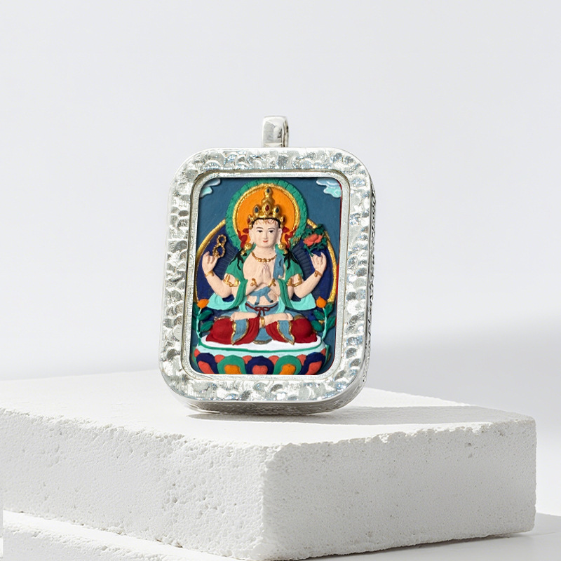 Hand-painted Rubbing Thangka White Copper Pendant