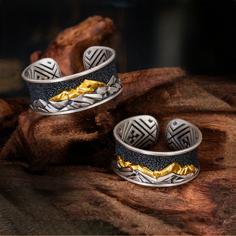 Tibetan Style Pure Silver Gold-Filled Everest Ring
