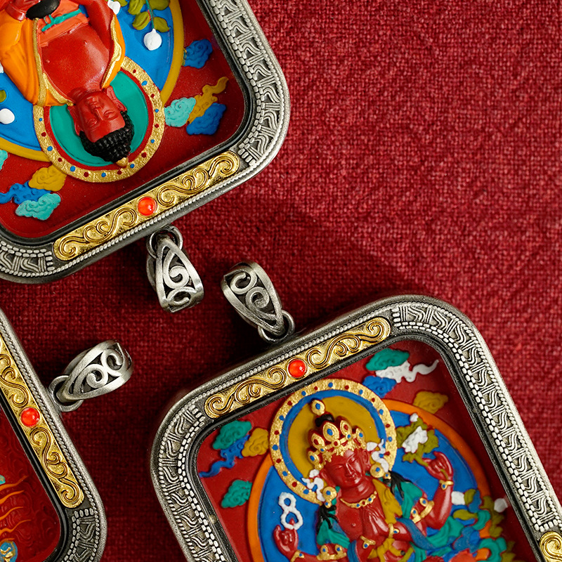 Collection Tibetan Style Cinnabar Hand-painted Thangka White Copper Gawu Box