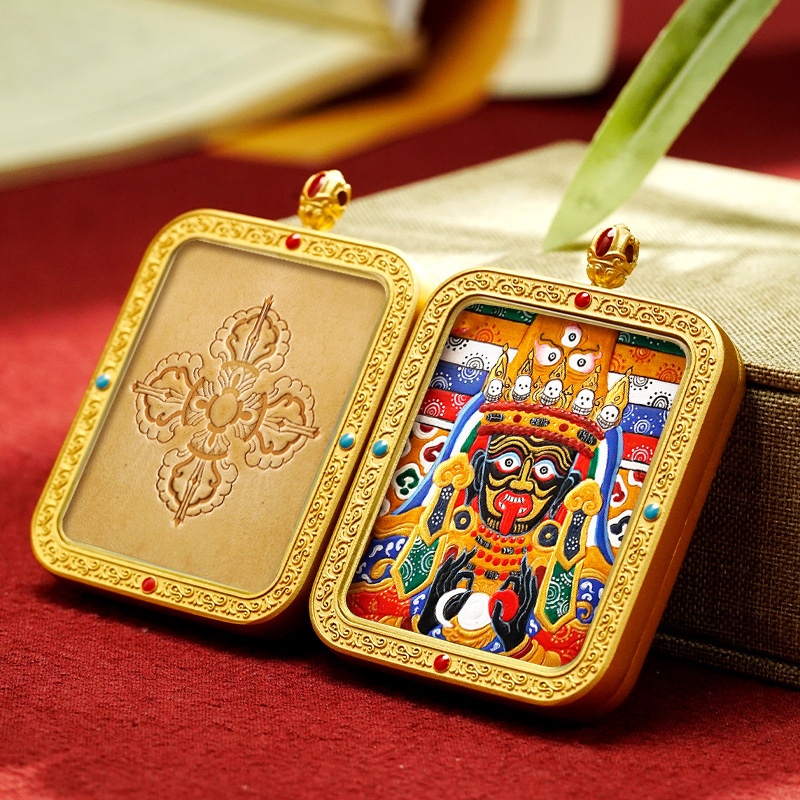 Tibetan Style Hand Painted Leather Carving Thangka Pendant