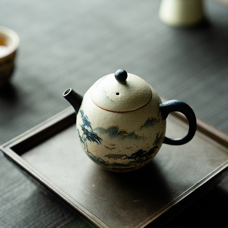 Blue and White Mountain Water Fire Stone Red Underglaze Color Teapot