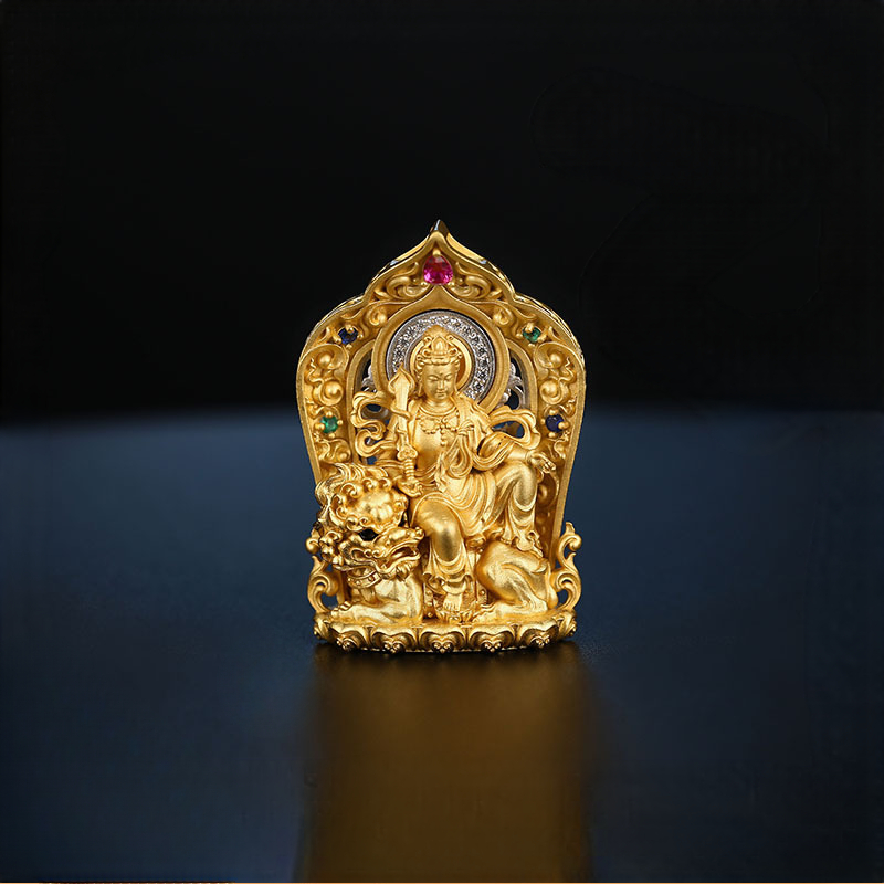 Tibetan Style Pure Silver Manjushri Bodhisattva Gold-Plated Silver Pendant