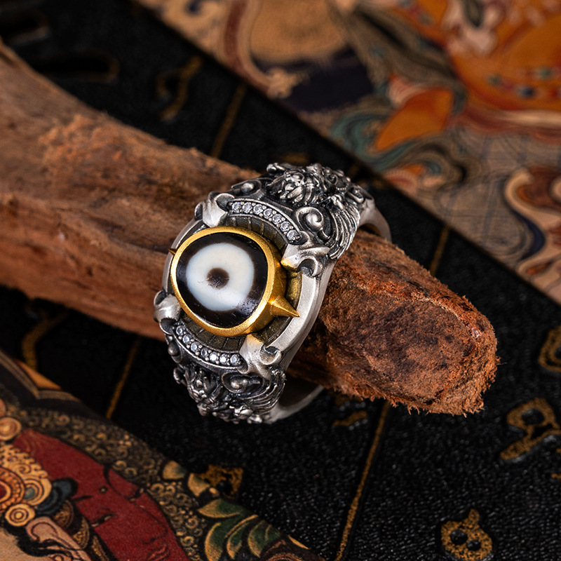Tibetan Style Pure Silver Dzi Bead Great Bird Ring