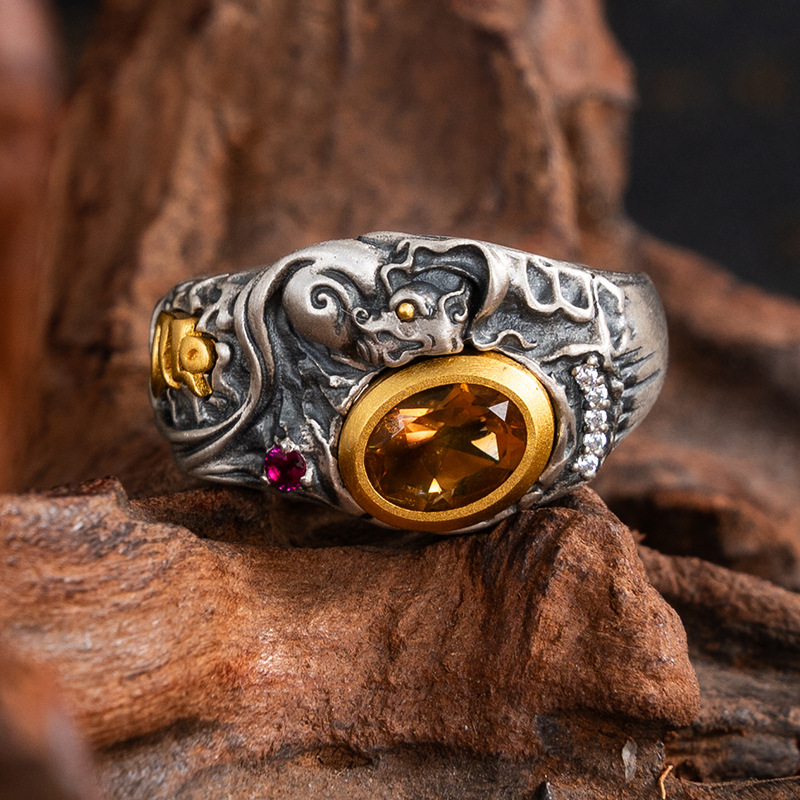 Tibetan Style Pure Silver Lucky Rat Colorful Gemstone Ring