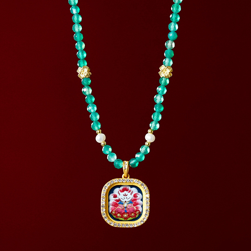 Hand-painted Brass Gemstone Gawu Box Thangka Necklace