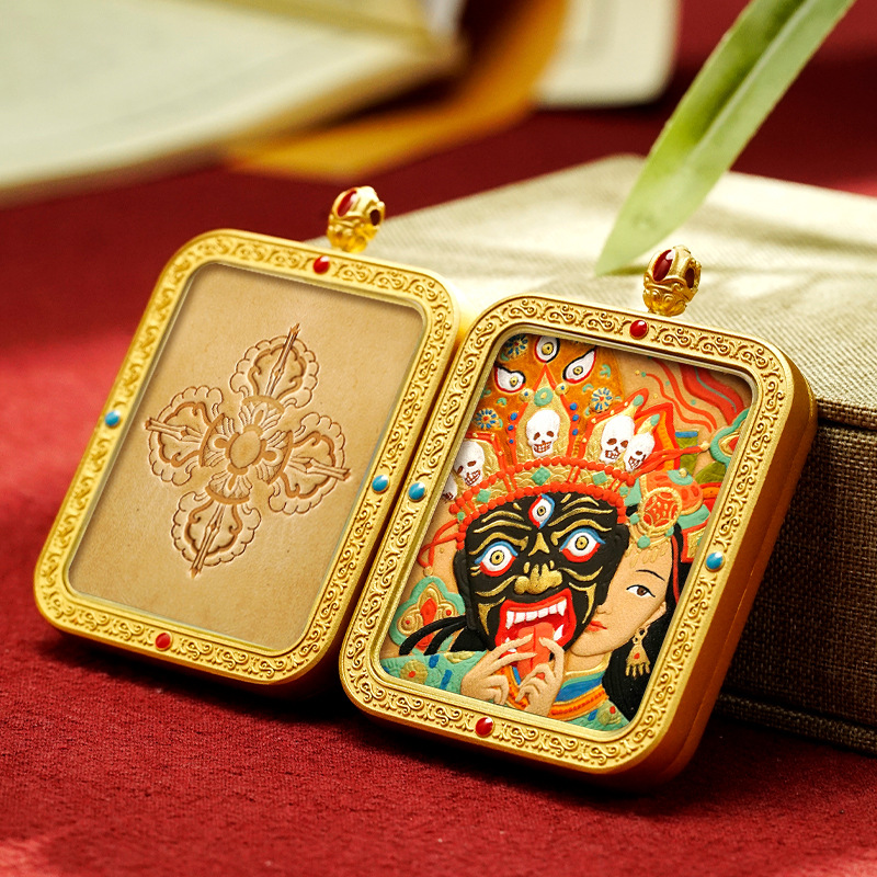 Tibetan Style Hand Painted Leather Carving Thangka Pendant