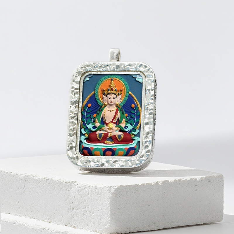 Hand-painted Rubbing Thangka White Copper Pendant