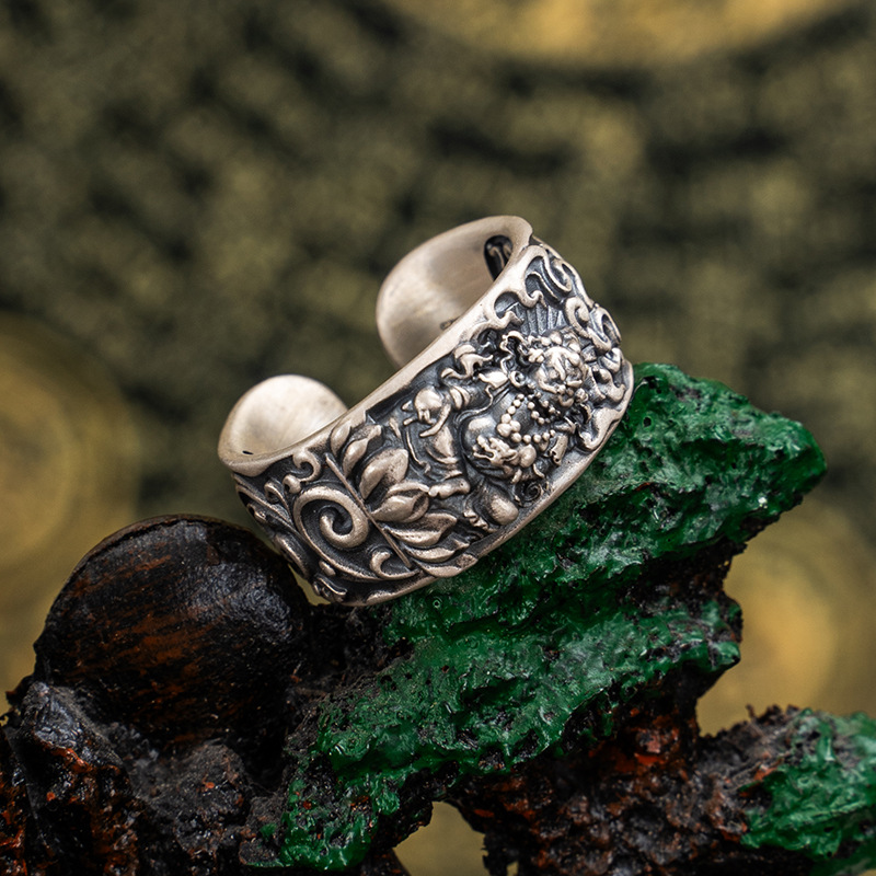 Tibetan Style Pure Silver Yellow God of Wealth Ring