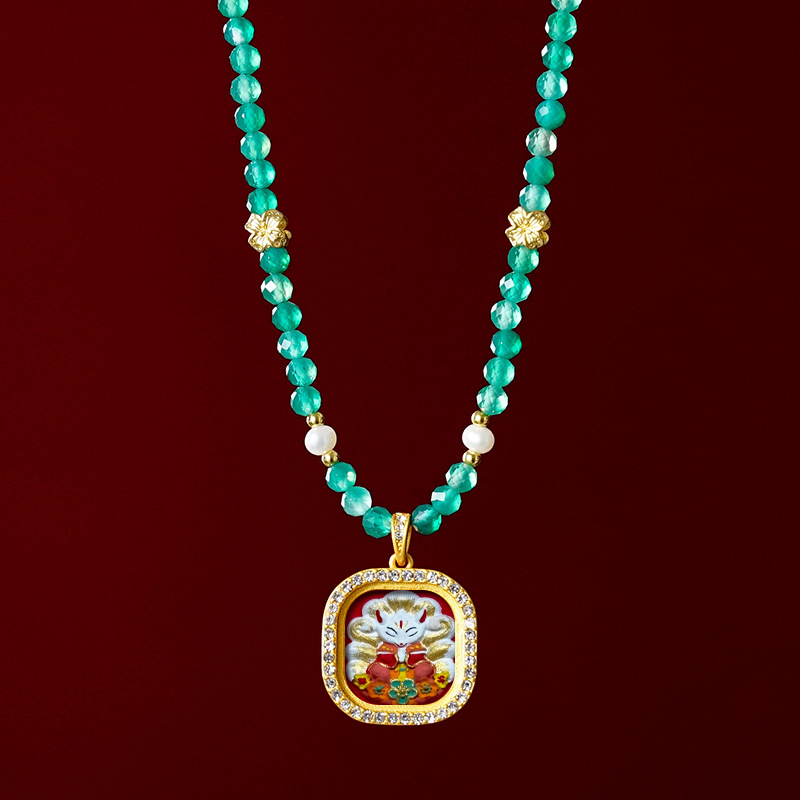 Hand-painted Brass Gemstone Gawu Box Thangka Necklace