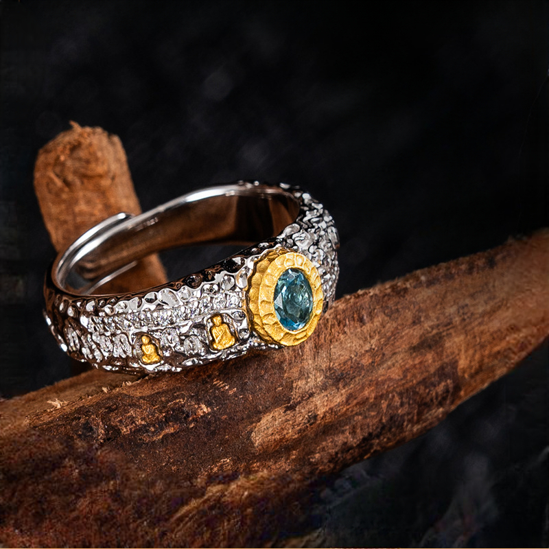 Tibetan Style Pure Silver Colorful Gem Buddha Cave Ring