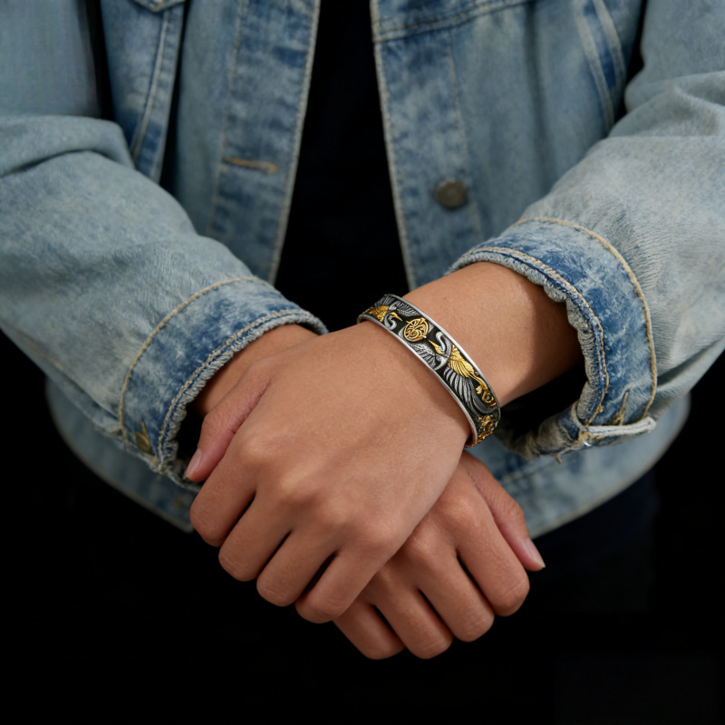 Thick Silver New Chinese Style Crane Bracelet