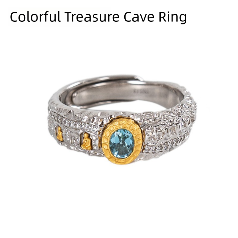 Tibetan Style Pure Silver Colorful Gem Buddha Cave Ring