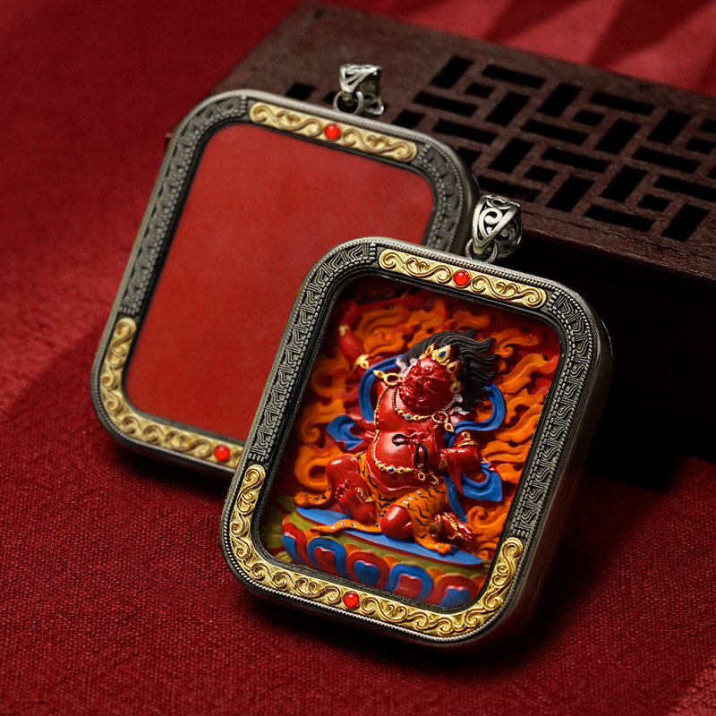 Collection Tibetan Style Cinnabar Hand-painted Thangka White Copper Gawu Box