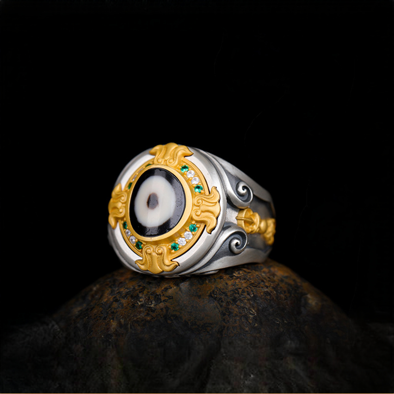Tibetan Style Pure Silver Dzi Bead Vajra Ring