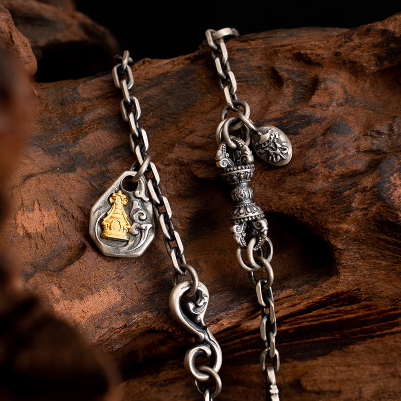 Tibetan Style Pure Silver White Zakiram Vajra Necklace