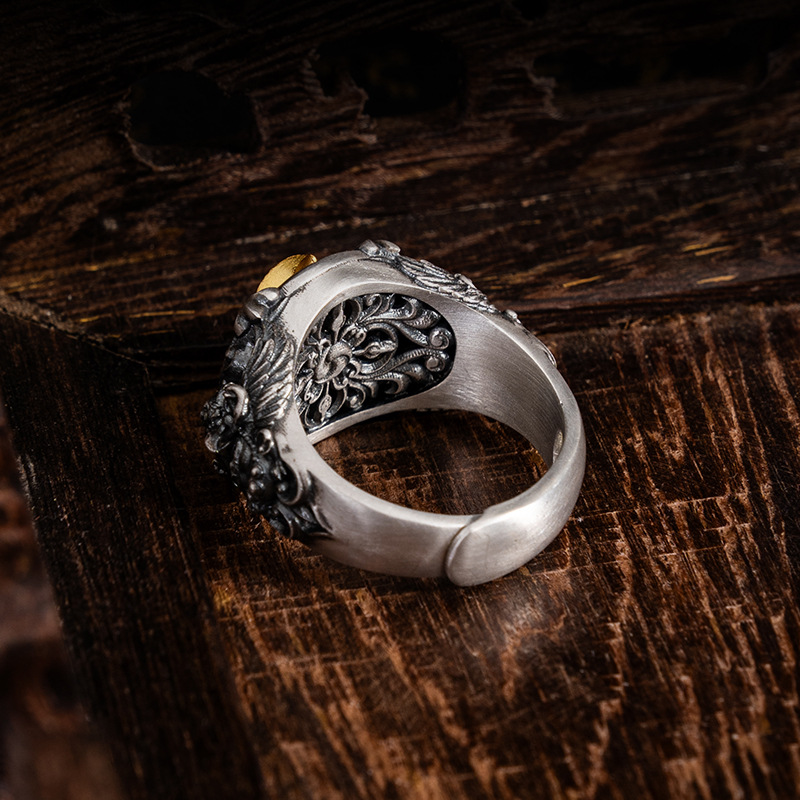 Tibetan Style Pure Silver Dzi Bead Great Bird Ring