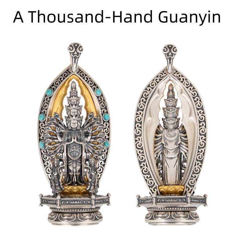 Tibetan Style Pure Silver Gold-Plated Thousand-Hand Guanyin Pendant