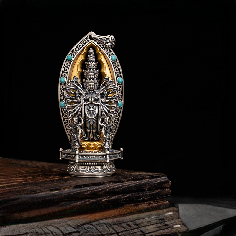 Tibetan Style Pure Silver Gold-Plated Thousand-Hand Guanyin Pendant