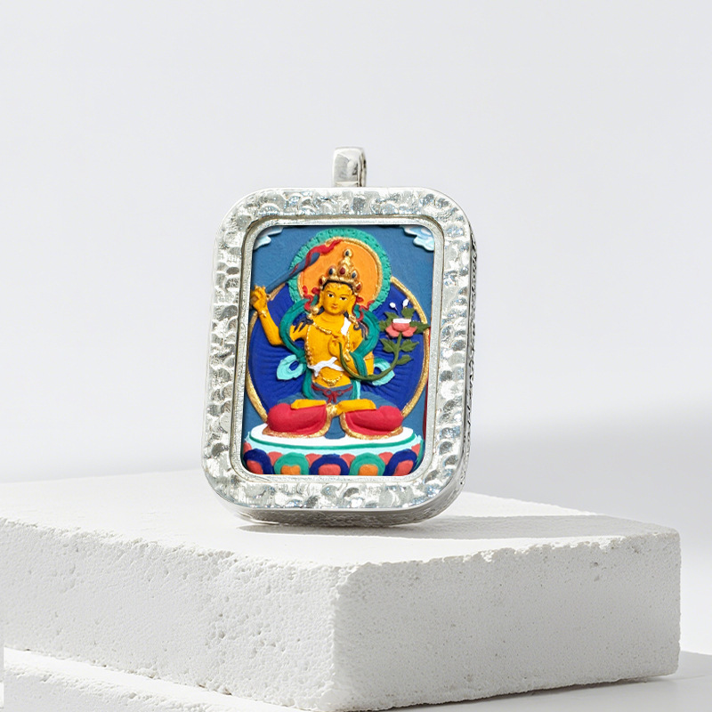 Hand-painted Rubbing Thangka White Copper Pendant