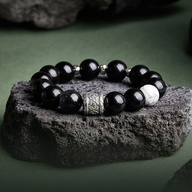 Pure Silver 999 Six-Word Motto Obsidian Bracelet