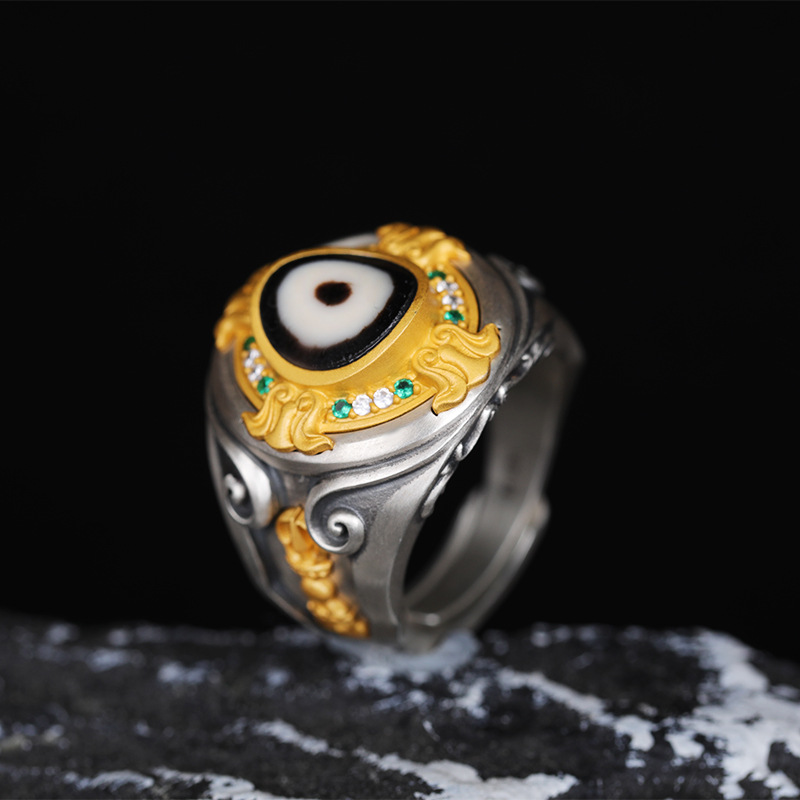 Tibetan Style Pure Silver Dzi Bead Vajra Ring