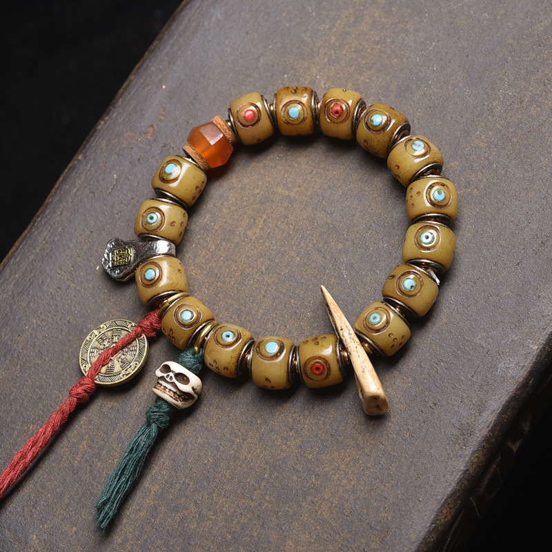 Tibetan Yak Bone Carved Barrel Bead Bracelet